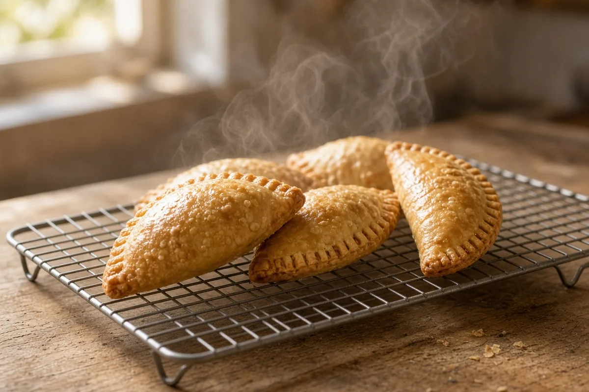 Ejemplo de pastes sobre una rejilla, con vapor visible, en una mesa de madera