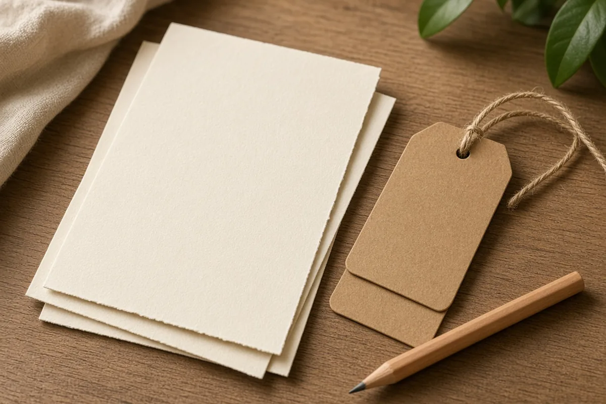 Ejemplo de hojas en blanco y etiquetas de papel kraft sin texto, sobre una mesa de madera